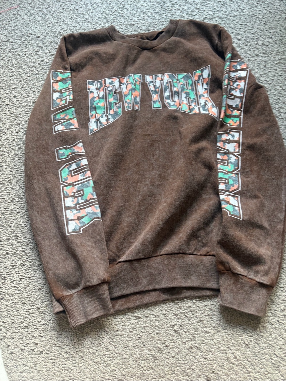 On Fire Brown Crewneck Sweater with Camouflage 'New York' Graphic